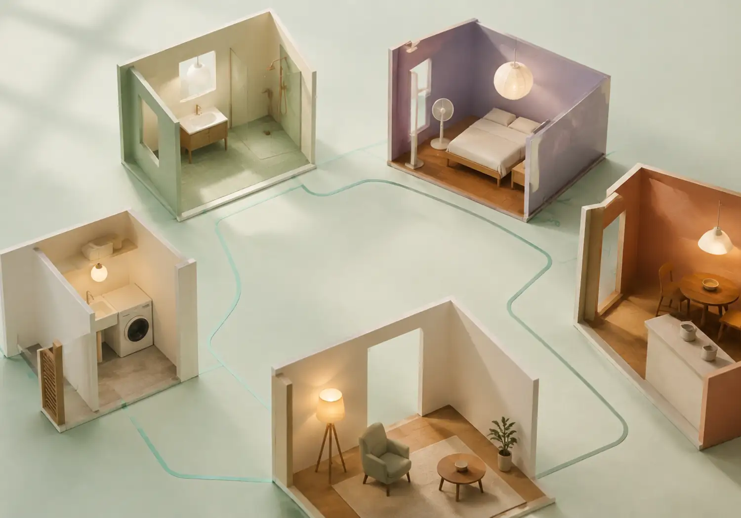 Cinco habitaciones en miniatura separadas y conectadas por un recorrido verde sobre fondo menta